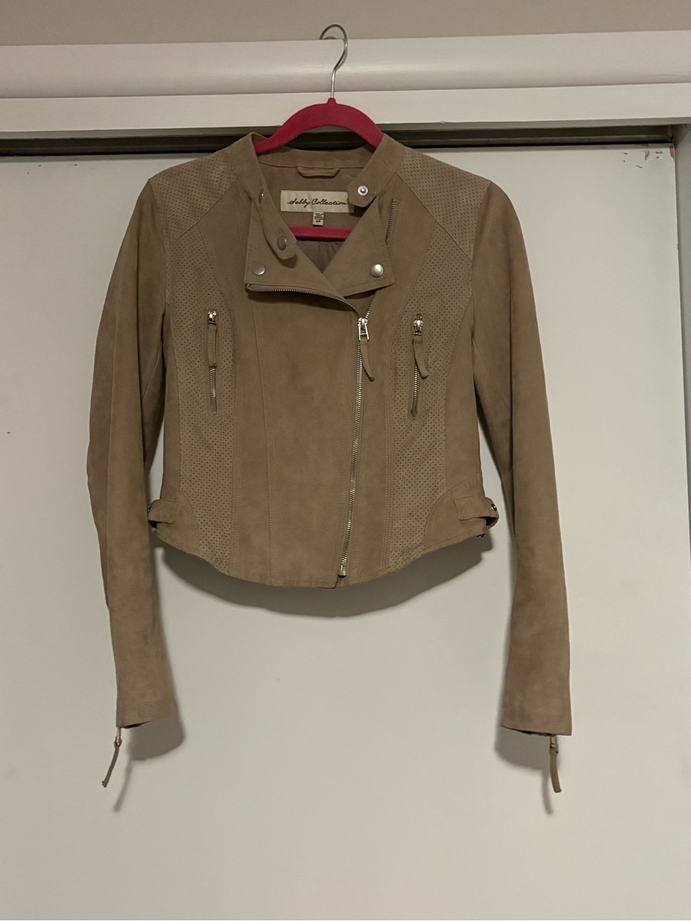 Women’s Sebby Collection Faux Suede Moto Jacket in Taupe Size SP